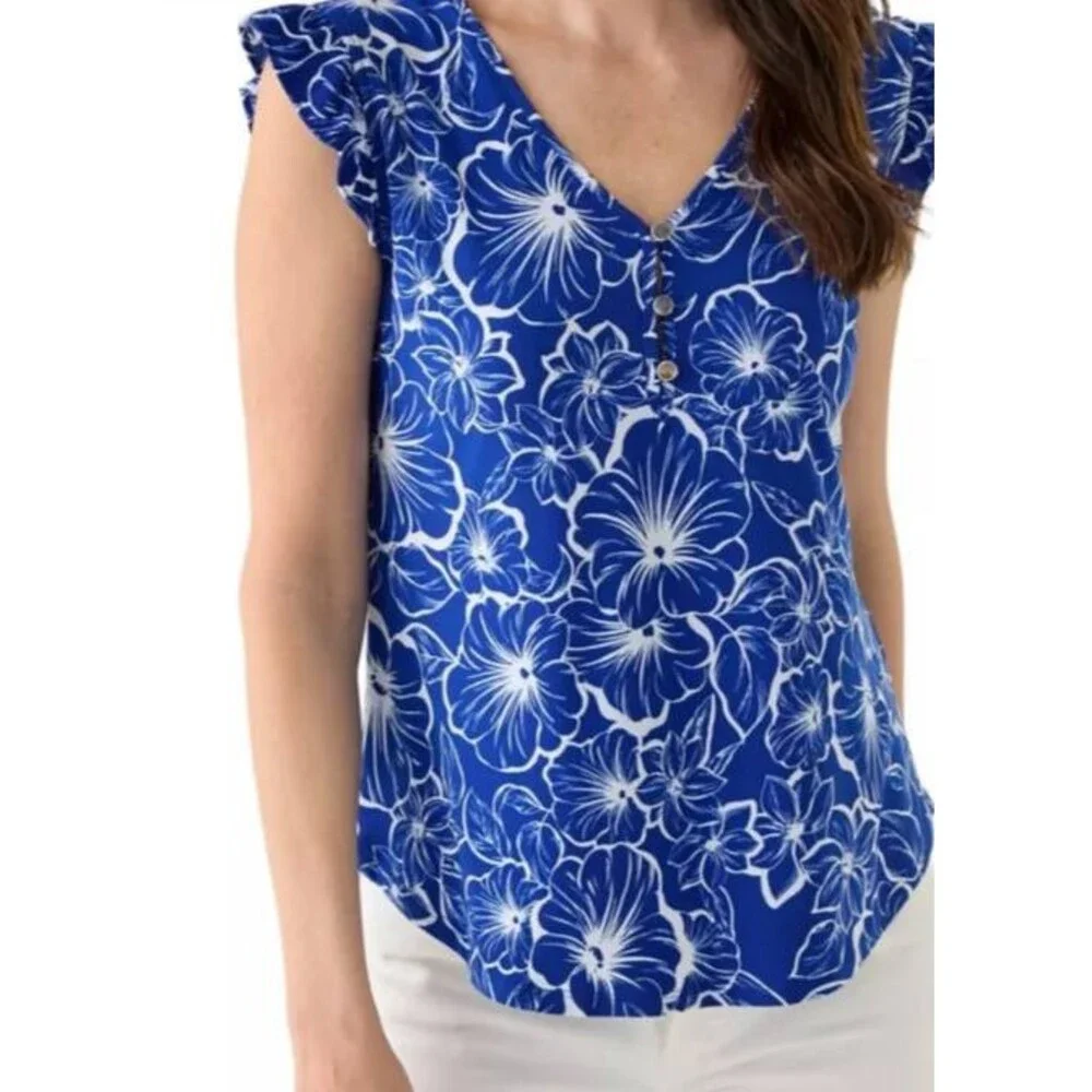 AK Anne Klein Blue Floral Blouse Short Sleeve V-Neck Ruffled Cap Size L - Picture 1 of 6